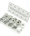 MCMASKE stainless steel SAE flat washers assortment kit, 360 pcs, sizes #2 to 7/16 in, clear plastic case
