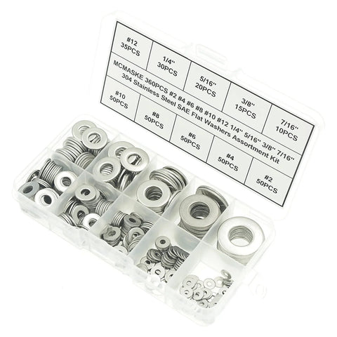 MCMASKE stainless steel SAE flat washers assortment kit, 360 pcs, sizes #2 to 7/16 in, clear plastic case