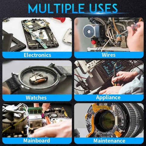 Multiple uses of DS90 Dual Digital Soldering Station Kit shown on electronics, wires, watches, appliances, mainboards, and maintenance.