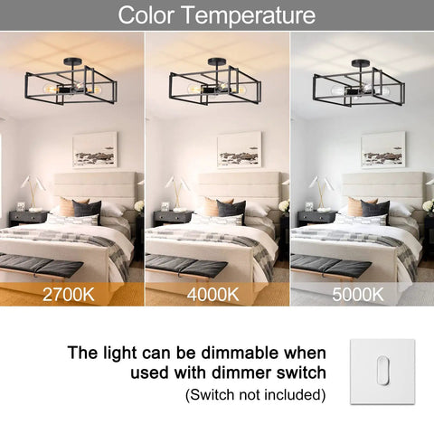 3 different color temperature settings for 4 Light Black Semi Flush Mount Ceiling Light Fixture With Industrial Farmhouse Vibe.