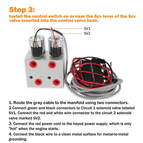 Front view of a two-circuit hydraulic multiplier kit with dual SCV valve block, red port fittings, and switch box.