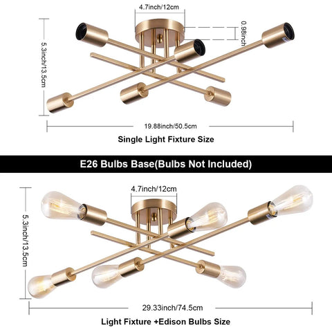 Dope Sputnik Chandelier Semi Flush Mount Ceiling Light With E26 Base 6 Light Brass Industrial Mid Century Farmhouse Fixture
