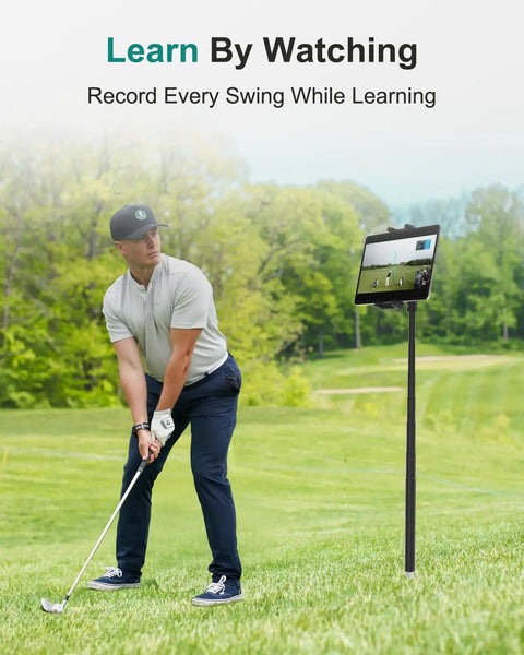 Golfer using Golf Tablet Holder Monopod Stand For Swing Training Adjustable 12.9 To 55 Inch Height 360 Degree Rotation outdoors