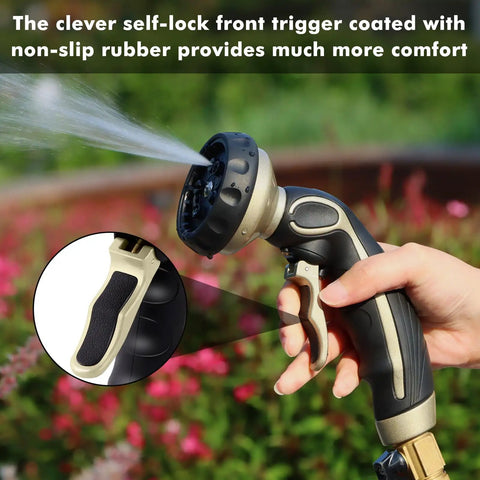Heavy Duty Metal Hose Nozzle With Easy Self Lock Trigger And 9 Spray Patterns For Lawn Care Car Wash And Pet Bath On Off Valve