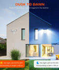 Two-mode LED Outdoor Motion Sensor Flood Light on house exterior at dusk with auto-on and auto-off features displayed