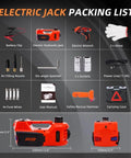 Packing list of 5 Ton 12V Electric Car Jack Kit With Built In Impact Wrench And Tire Inflator Pump. Includes jack, wrench, and accessories.