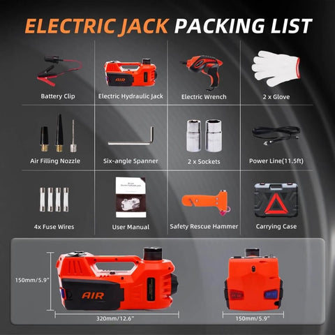Packing list of 5 Ton 12V Electric Car Jack Kit With Built In Impact Wrench And Tire Inflator Pump. Includes jack, wrench, and accessories.