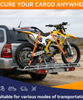 Heavy Duty Ratchet Tie Down Straps 1500 Lb Break Strength With S Hooks securing a motorcycle on a vehicle hitch rack