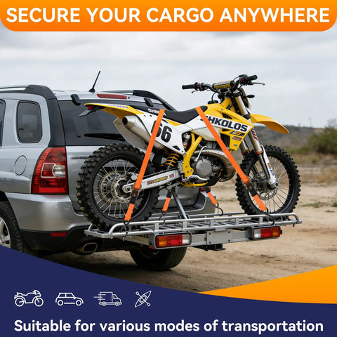 Heavy Duty Ratchet Tie Down Straps 1500 Lb Break Strength With S Hooks securing a motorcycle on a vehicle hitch rack