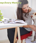 DIY Button Badge Maker Kit 3 In 1 Press With 1 Inch, 1.25 Inch, And 2.25 Inch Molds on a table next to a woman and dog
