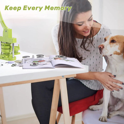 DIY Button Badge Maker Kit 3 In 1 Press With 1 Inch, 1.25 Inch, And 2.25 Inch Molds on a table next to a woman and dog