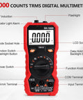 Front view of a digital multimeter tester workhorse with TRMS 4000 counts auto ranging volt meter, detailed features highlighted.
