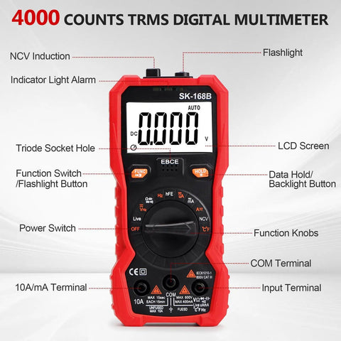 Front view of a digital multimeter tester workhorse with TRMS 4000 counts auto ranging volt meter, detailed features highlighted.
