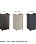 Hideaway Outdoor Trash Can With Lid, Resin Waste Container For Patio Garden Deck in Java, Light Taupe, Cyberspace colors.
