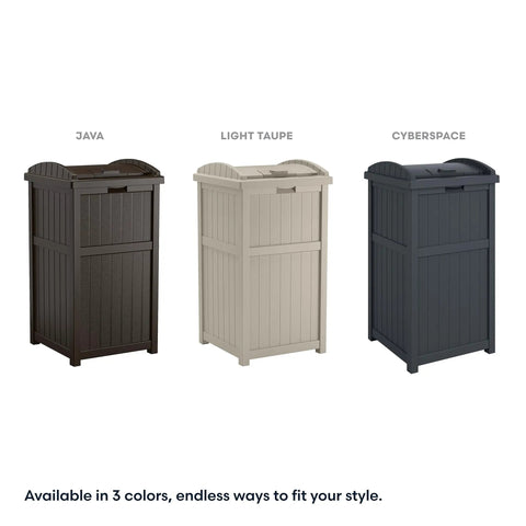 Hideaway Outdoor Trash Can With Lid, Resin Waste Container For Patio Garden Deck in Java, Light Taupe, Cyberspace colors.
