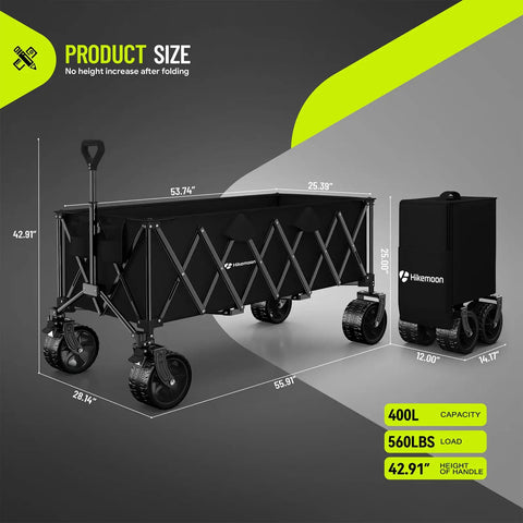 400L Ultra Large Collapsible Wagon With Big Wheels For Easy Hauling, shown folded and expanded dimensions.