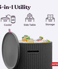 Cool Side Table And Ice Chest Storage 3 In 1 Backyard Patio Table With Insulated 10.3 Gallon Ice Bucket For Beverages And Party Bar Decor Portable Graphite Finish, showing cooler filled with beverages.