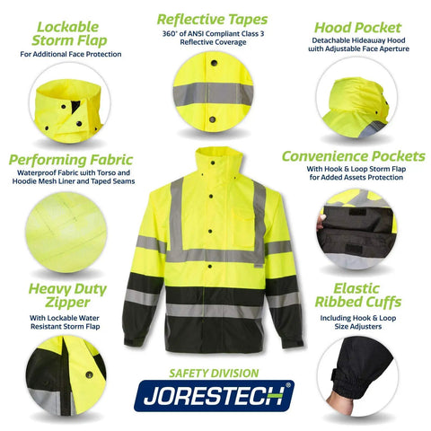 Hi Visibility Waterproof Rain Jacket With Mesh Lining Meets ANSI ISEA 107 2015 Class 3 Type R, front view with features.