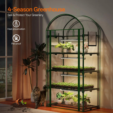 Space Saving Indoor Greenhouse With Grow Lights Four Tier Mini Grow Tent in living room with plants, 35 by 19.3 by 63 inches