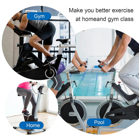 Three cyclists using 2 Pairs Adjustable Exercise Bike Pedal Straps For Stationary Bikes Universal Fit Rubber No Slip Foot Straps