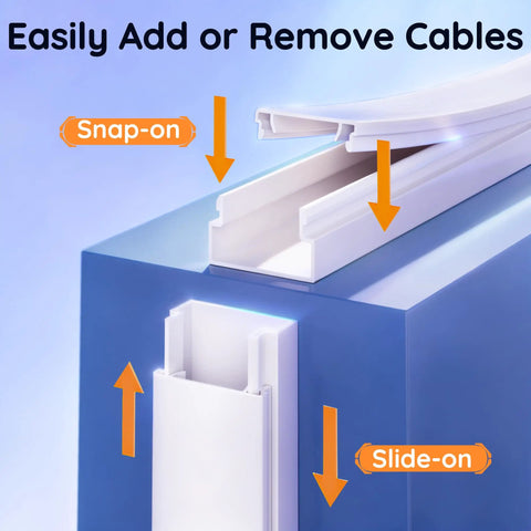 236 Inch Wall Cable Hider Kit For TVs Easy DIY Wire Concealer Raceway With Tape Or Screws Keeps Cables Neat Behind Your Mounted TV White Finish Wide Coverage Quick Install In Minutes showing snap-on and slide-on cable management system