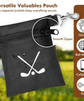 Waterproof Golf Tee Bag With Rotating Clip And Ball Holder Pouch, black, showing secure zipper and clip for golfers.