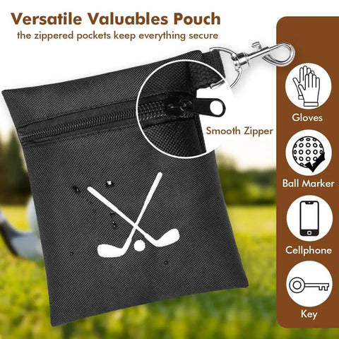 Waterproof Golf Tee Bag With Rotating Clip And Ball Holder Pouch, black, showing secure zipper and clip for golfers.