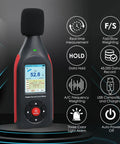 Pro Grade Portable Decibel Meter With Data Logger And 43,000 Record Capacity, 30-130 dB Range, Three Color Alarm Lights, AC Frequency And DC Output, Great For Home, Shop, And Factory Noise Monitoring, black handheld display