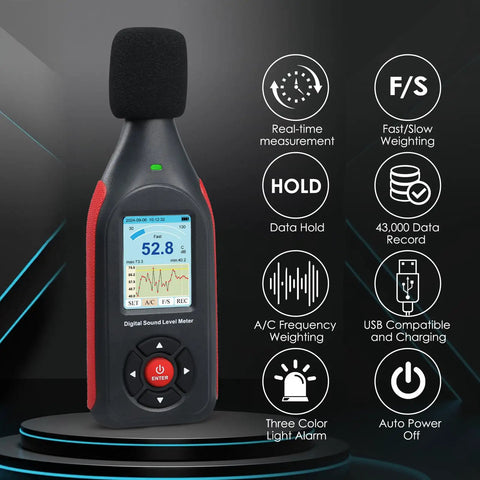 Pro Grade Portable Decibel Meter With Data Logger And 43,000 Record Capacity, 30-130 dB Range, Three Color Alarm Lights, AC Frequency And DC Output, Great For Home, Shop, And Factory Noise Monitoring, black handheld display