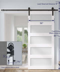 36 Inch By 84 Inch Sliding Glass Barn Door With 6.6 Foot Hardware Kit Included in white, frosted glass, shown installed in doorway.