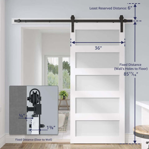 36 Inch By 84 Inch Sliding Glass Barn Door With 6.6 Foot Hardware Kit Included in white, frosted glass, shown installed in doorway.