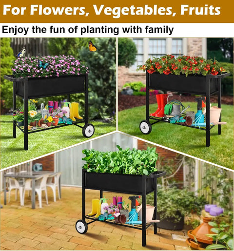 Raised Garden Bed On Wheels With Legs 31 Inch Elevated Outdoor Planter Cart for Vegetables Flowers Tomatoes Herbs in garden setting
