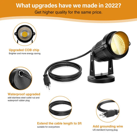 5W 110V Outdoor Landscape Spotlight Kit IP65 Waterproof Warm White 3000K with upgrades like COB chip and grounding wire shown