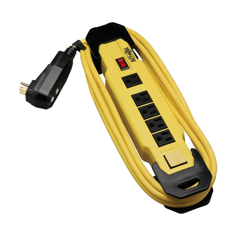 Heavy Duty Power Strip With GFCI Plug, 6 Outlets, 9 Foot Cord, Yellow Metal Housing, Industrial Garage Workshop Bench Mounting