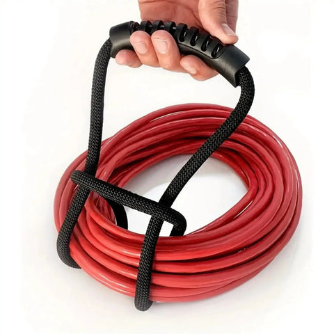 Heavy Duty Nylon Cord Strap Organizer Rope For Tailgate Parties And Campouts Holds Generator Cords Tight shown in use, neatly coiled with a handle.