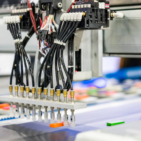 Robotic arm with clear silicone vacuum sucker cup pad in industrial setting
