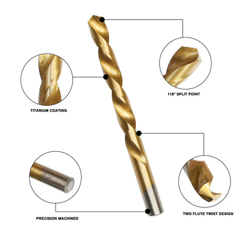 Close-up of a titanium-coated drill bit from the 230-Piece Titanium Coated HSS Drill Bit Set with 135 Degree Tips, 1/16 to 1/2 inch range.
