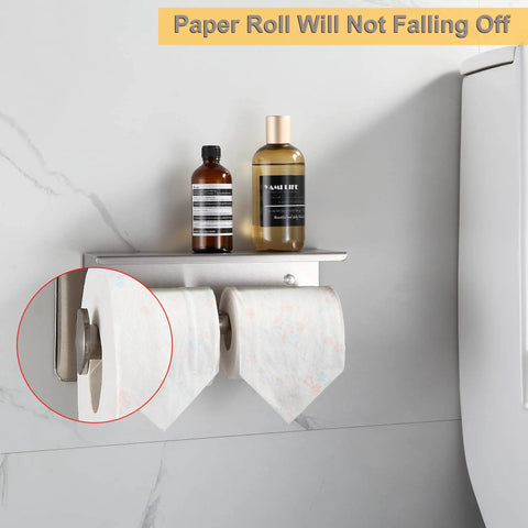 Toilet Paper Holder With Shelf Brushed Nickel Double Head Tissue Roll Holder 304 Stainless Steel Wall Mount For Bathroom Rustproof