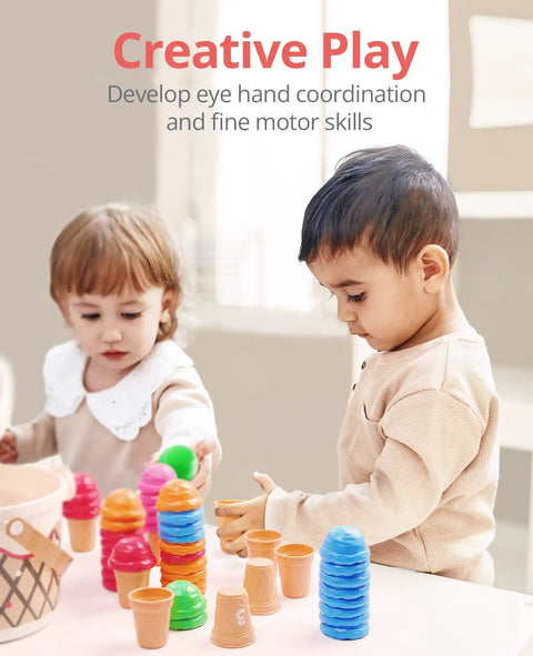 Children playing with Colorful Ice Cream Preschool Learning Kit for Counting and Color Sorting Kid Friendly 65 Piece Hands On Math Manipulatives