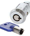 12 Pack Tubular Cam Lock Set 1-1/8 Inch Cylinder, 90 Degree Cabinet Locks For Keeping Your Files, Drawers, Dressers, Mailboxes, And RVs Secure, Chrome Finish Zinc Alloy, Keyed Alike showing one lock and key