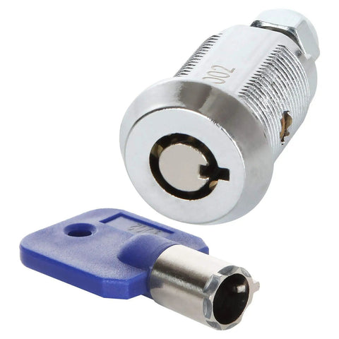 12 Pack Tubular Cam Lock Set 1-1/8 Inch Cylinder, 90 Degree Cabinet Locks For Keeping Your Files, Drawers, Dressers, Mailboxes, And RVs Secure, Chrome Finish Zinc Alloy, Keyed Alike showing one lock and key