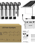 Box contents of Six In One Solar Outdoor Spotlights With 6W 6V Panel IP66 Waterproof Landscape Lights Auto On Off Three Color Temps 2700K 4000K 6500K Three Brightness Levels Flash Or Smooth Modes 56ft Cord
