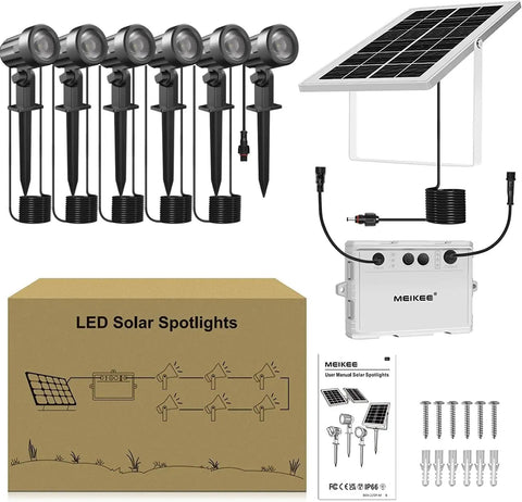 Box contents of Six In One Solar Outdoor Spotlights With 6W 6V Panel IP66 Waterproof Landscape Lights Auto On Off Three Color Temps 2700K 4000K 6500K Three Brightness Levels Flash Or Smooth Modes 56ft Cord