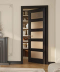 Sleek 30x80 Black Frosted Glass Slab Door with Five Lite French Look Solid Wood Barn Style pre assembled pocket door for living room pantry laundry closet or bathroom pre finished surface hardware not included open view