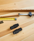Solid 12-Piece Broom Handle Threaded Tip Repair Kit for Mops And Swabs. Perfect For Home, Office, Or Public Spaces With Secure Grip Adapters That Keep Poles Tight And Ready To Clean Without Any Looseness Issues. black plastic connectors on wooden handle with tape measure