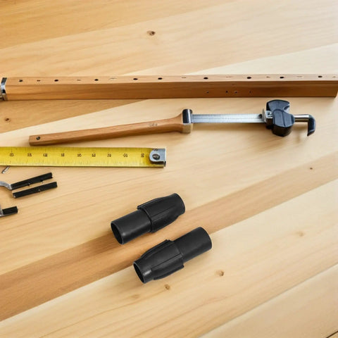 Solid 12-Piece Broom Handle Threaded Tip Repair Kit for Mops And Swabs. Perfect For Home, Office, Or Public Spaces With Secure Grip Adapters That Keep Poles Tight And Ready To Clean Without Any Looseness Issues. black plastic connectors on wooden handle with tape measure