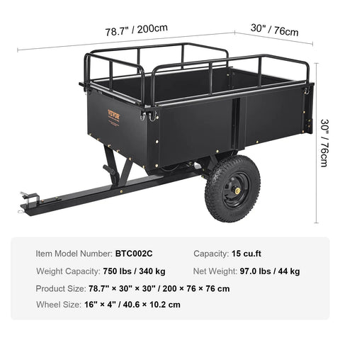 Heavy Duty ATV Trailer Steel Dump Cart 750 Lb Capacity 15 Cu Ft dimensions and specifications displayed