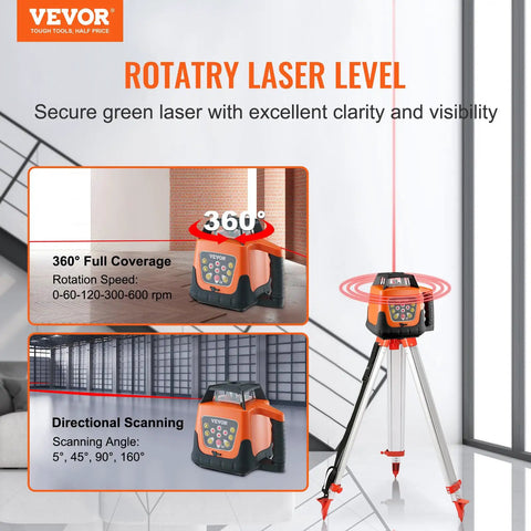 Red Rotary Laser Level Kit Pro Grade With 360 Degree Self Leveling 1650ft Range Surveying Tripod And 5m Staff IP66 Waterproof Remote 5 Rotation Speeds 4 Angle Adjustments Ships In Three Packages. Rotary laser level on tripod with 360° full coverage.