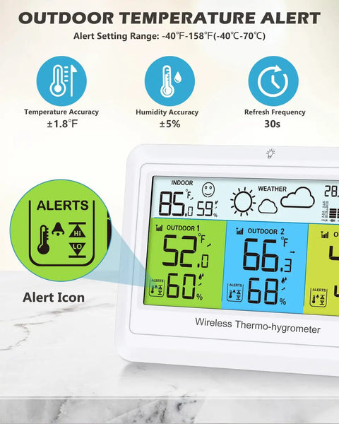Display of All In One Weather Station With 3 Sensors For Indoor And Outdoor Temperature Humidity Barometer Pressure Forecast With Backlight And Alerts For Home Office