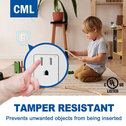 Decorator Wall Receptacle Outlet Kit With 50 Pack Tamper Resistant Outlets For Easy Install, 15 Amp 125 Volt Standard 2 Pole 3 Wire, Includes Wall Plate, UL Listed White For Home Office School And Commercial Use shown with child nearby.